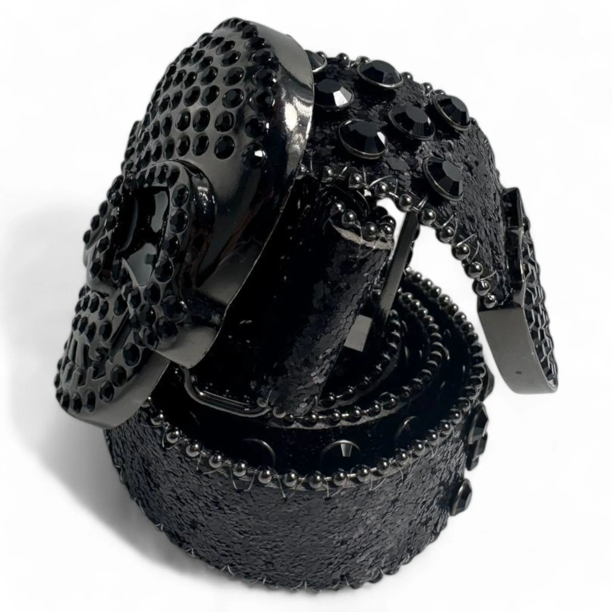 Skull-Studded Black Leather Belt with Crystalized Skull Buckle