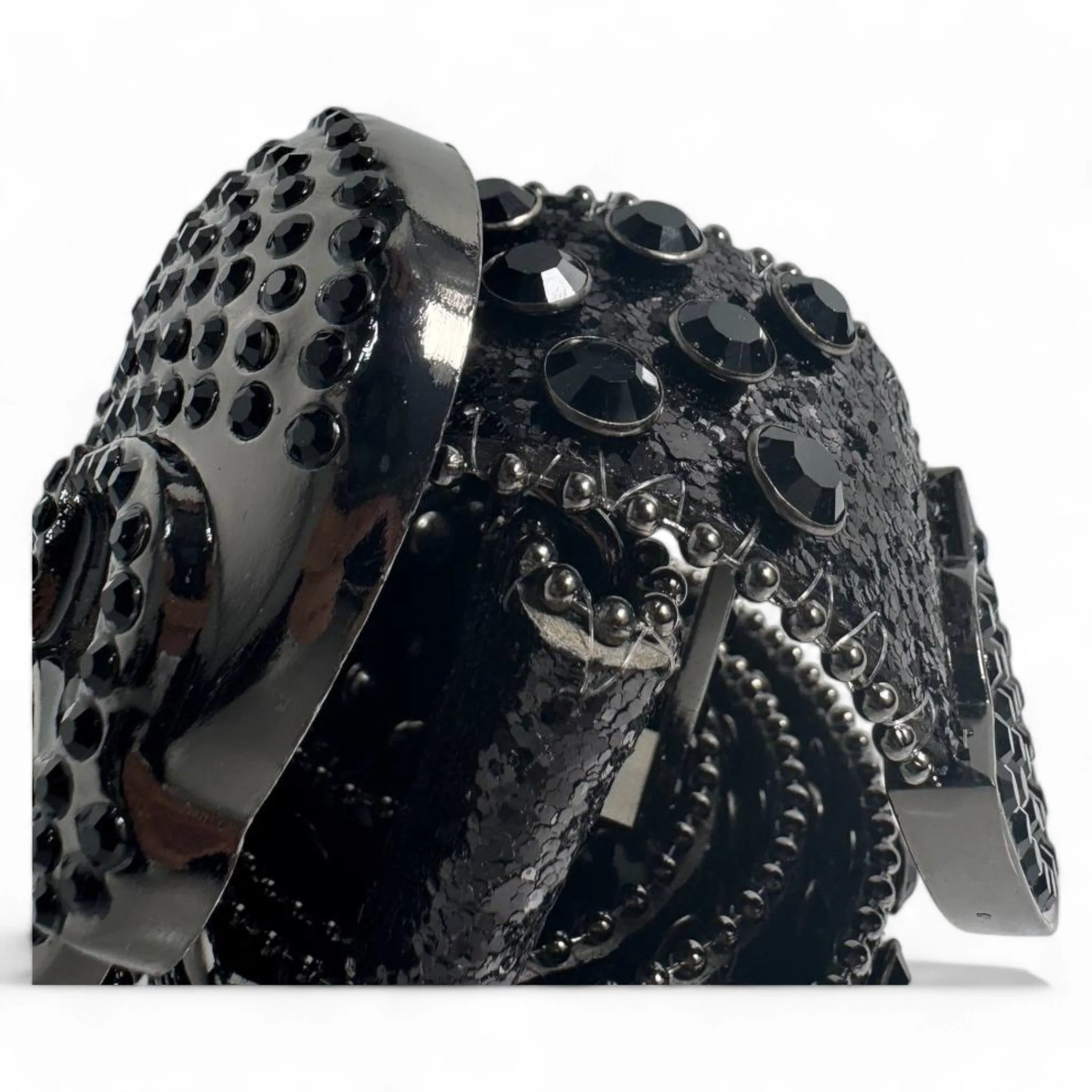 Skull-Studded Black Leather Belt with Crystalized Skull Buckle