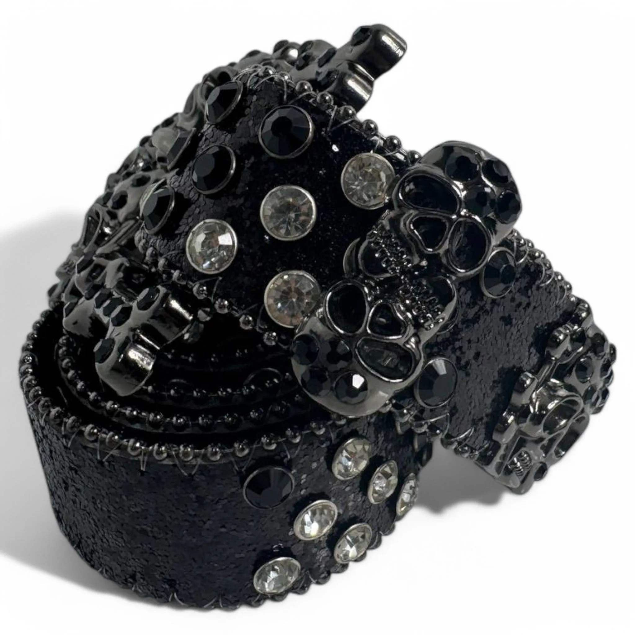 Skull-Studded Black Leather Belt with Crystalized Skull Buckle