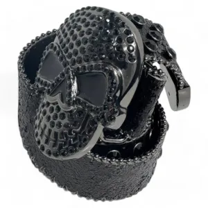 Skull-Studded Black Leather Belt with Crystalized Skull Buckle
