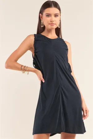 Sleeveless Drawstring Detail Crew Neck Knit Back Keyhole Mini Dress