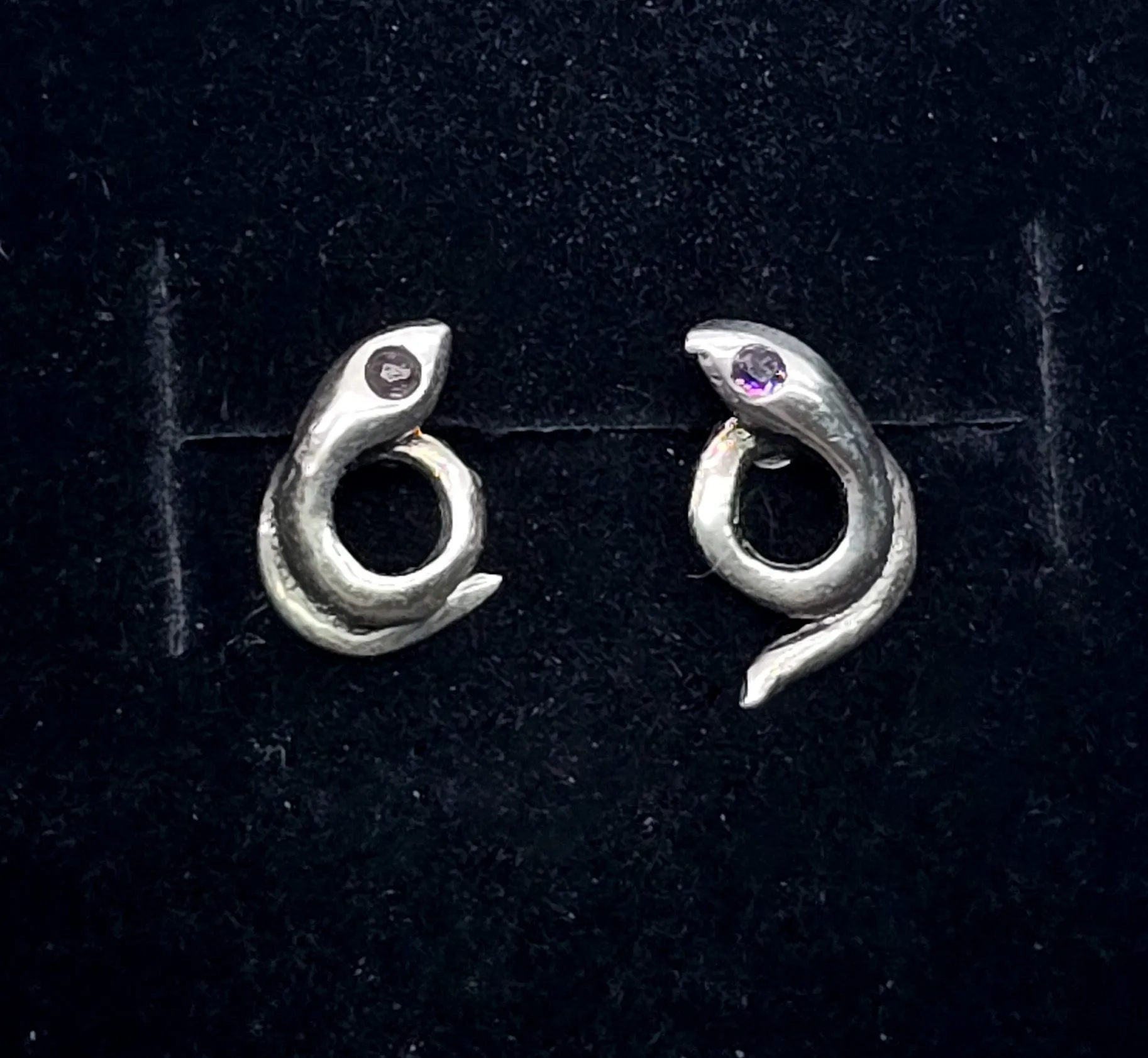 Snake amethyst eye sterling silver Serpent vintage stud earrings