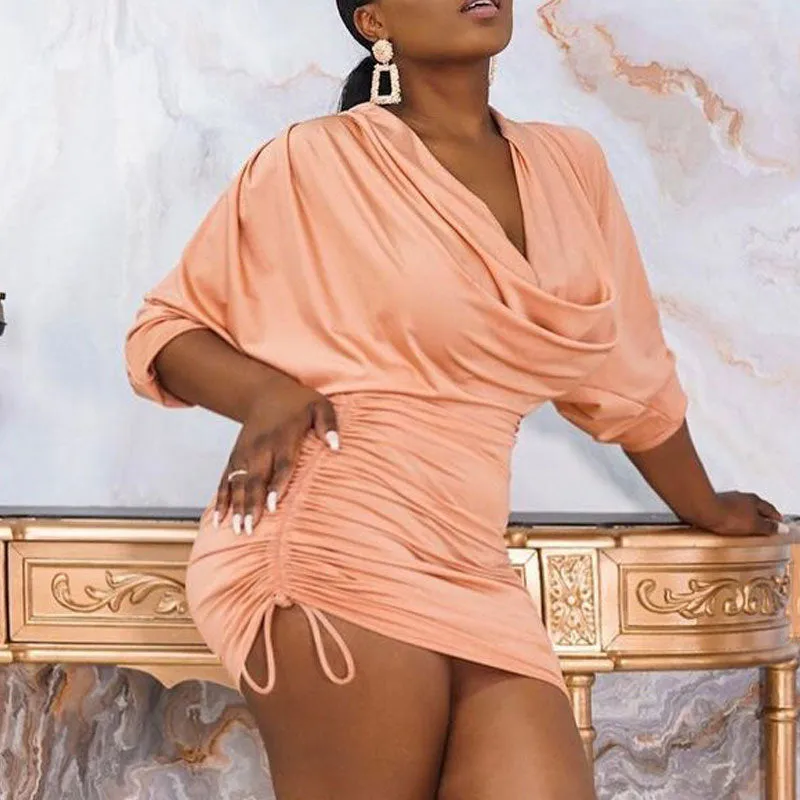 Solid Cowl Neck Long Sleeve Drawstring Bodycon Dress