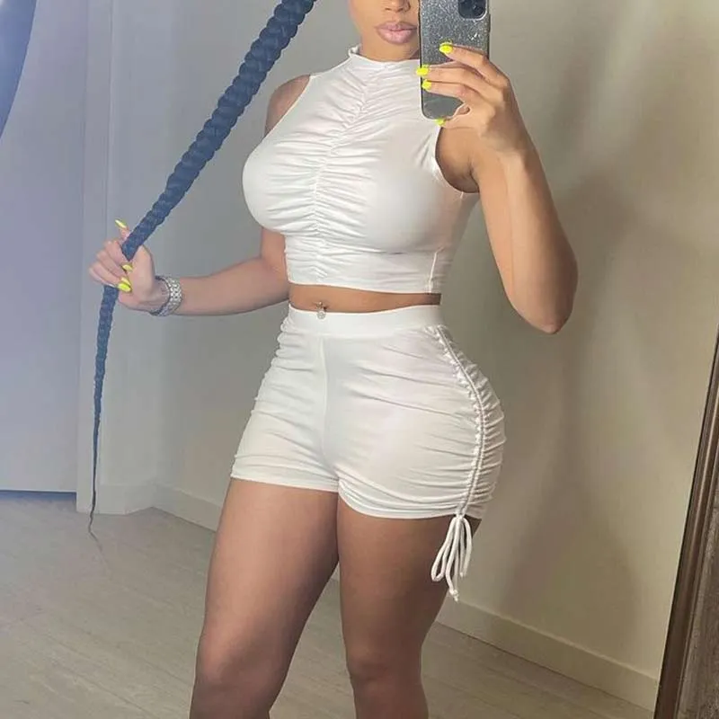 Solid Sleeveless Crop Top & Drawstring Shorts Set