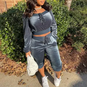 Solid Velvet Drawstring Off Shoulder Top & Pants Set