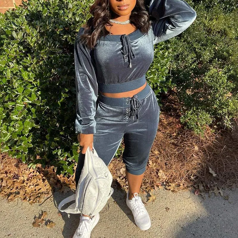 Solid Velvet Drawstring Off Shoulder Top & Pants Set