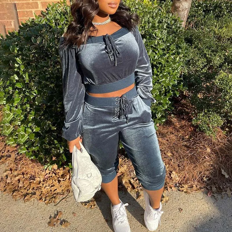 Solid Velvet Drawstring Off Shoulder Top & Pants Set