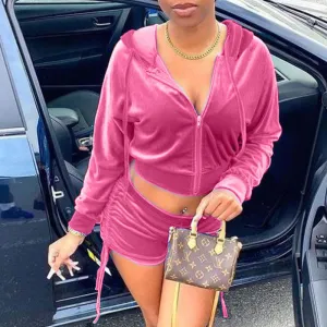 Solid Velvet Hoodie Top & Drawstring Shorts Set