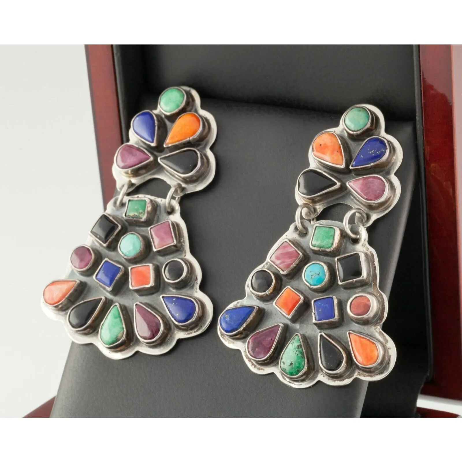 Spirit Winds Navajo Earrings w/ Colorful Gem Set in Sterling, Signed L. U. W.
