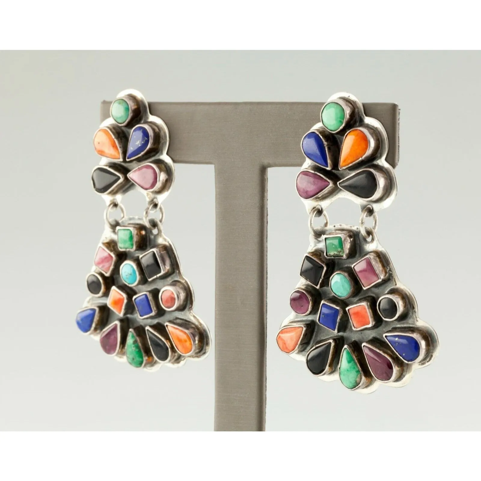 Spirit Winds Navajo Earrings w/ Colorful Gem Set in Sterling, Signed L. U. W.