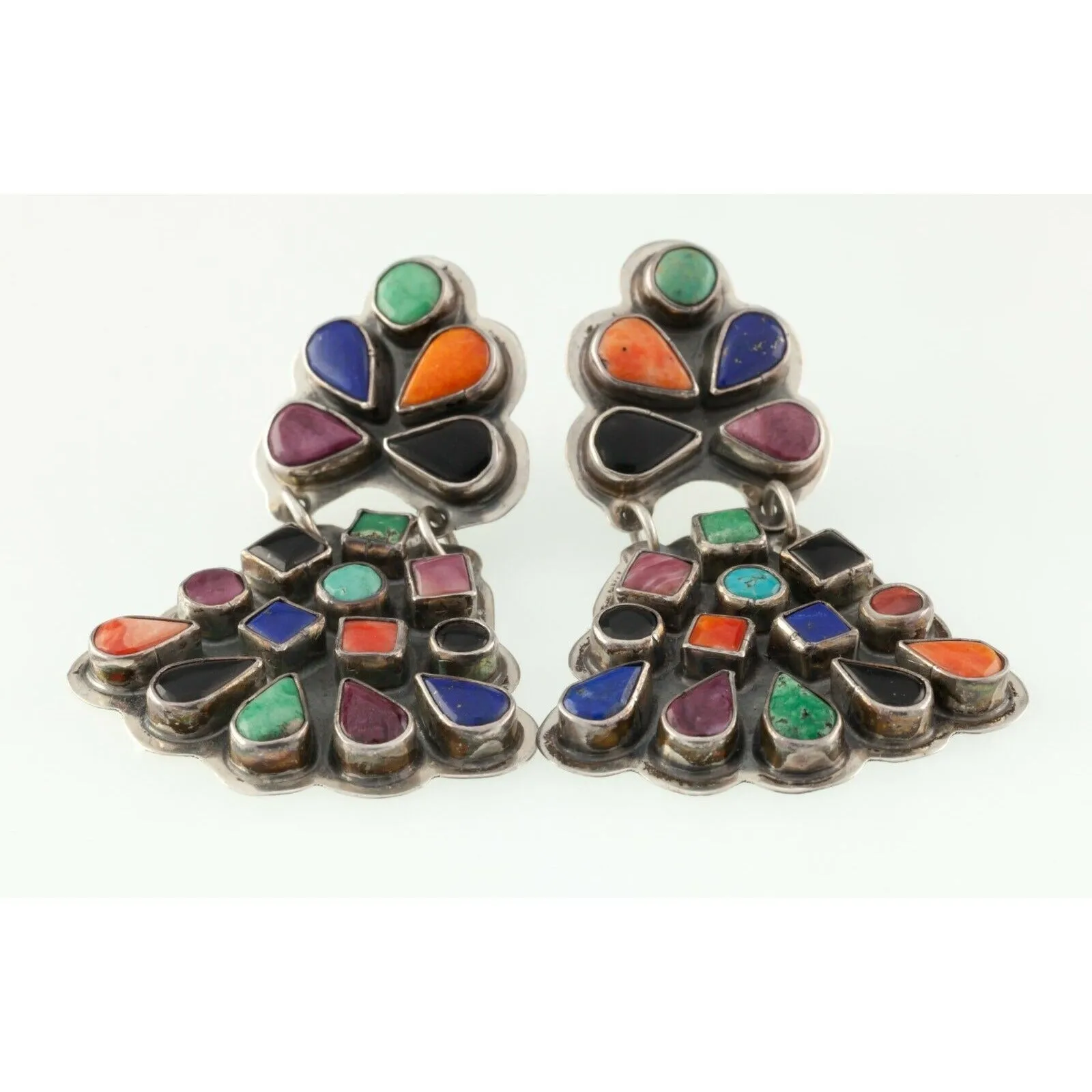 Spirit Winds Navajo Earrings w/ Colorful Gem Set in Sterling, Signed L. U. W.