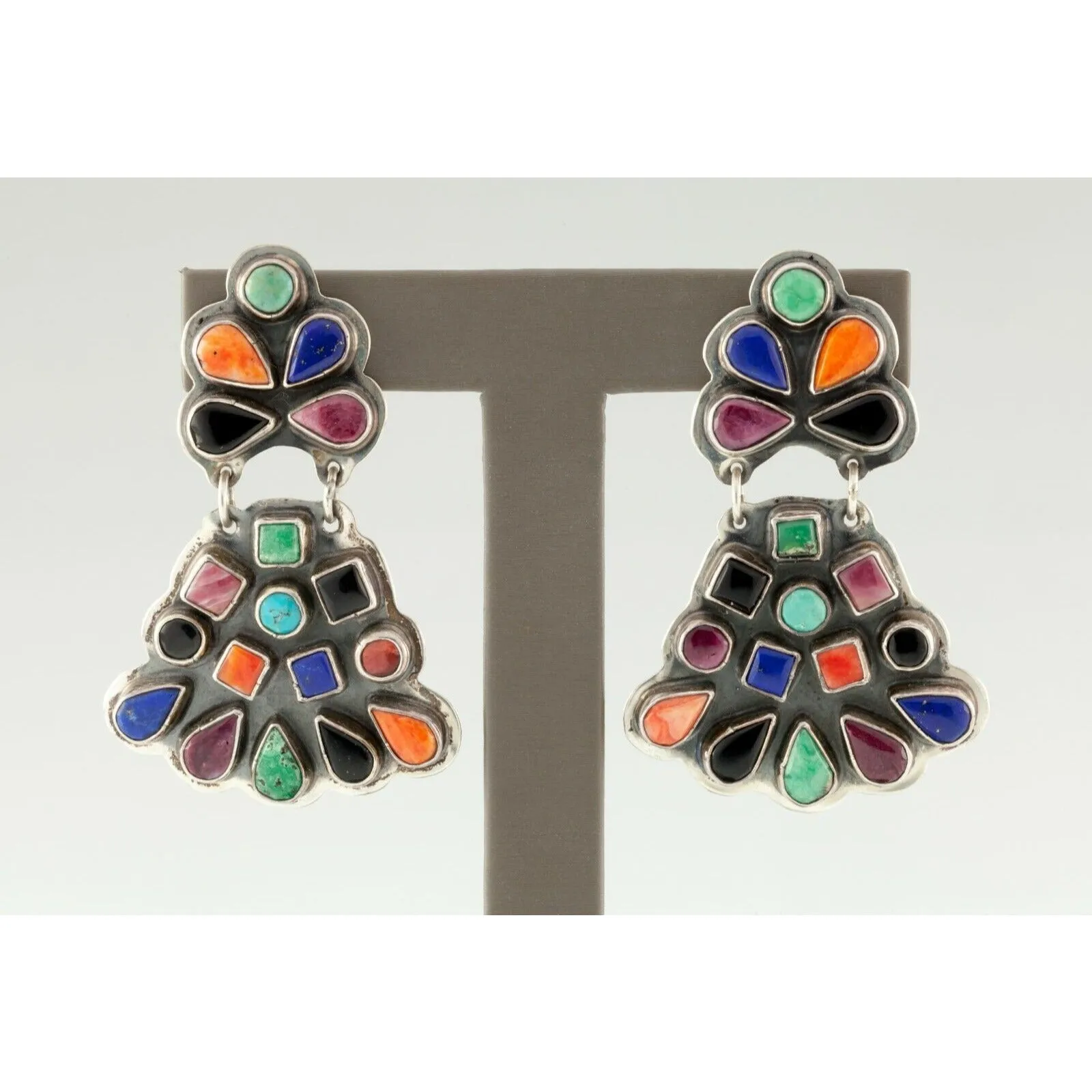 Spirit Winds Navajo Earrings w/ Colorful Gem Set in Sterling, Signed L. U. W.