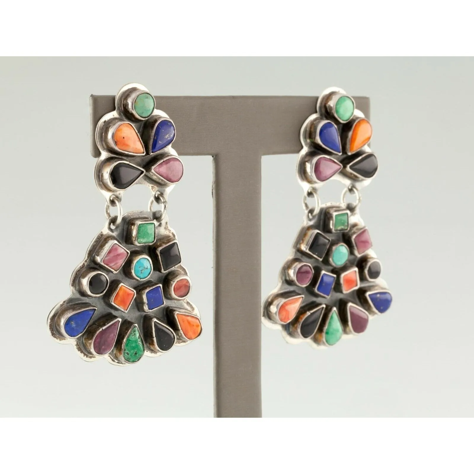 Spirit Winds Navajo Earrings w/ Colorful Gem Set in Sterling, Signed L. U. W.