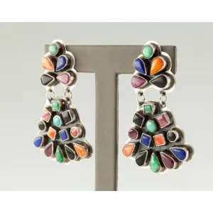 Spirit Winds Navajo Earrings w/ Colorful Gem Set in Sterling, Signed L. U. W.