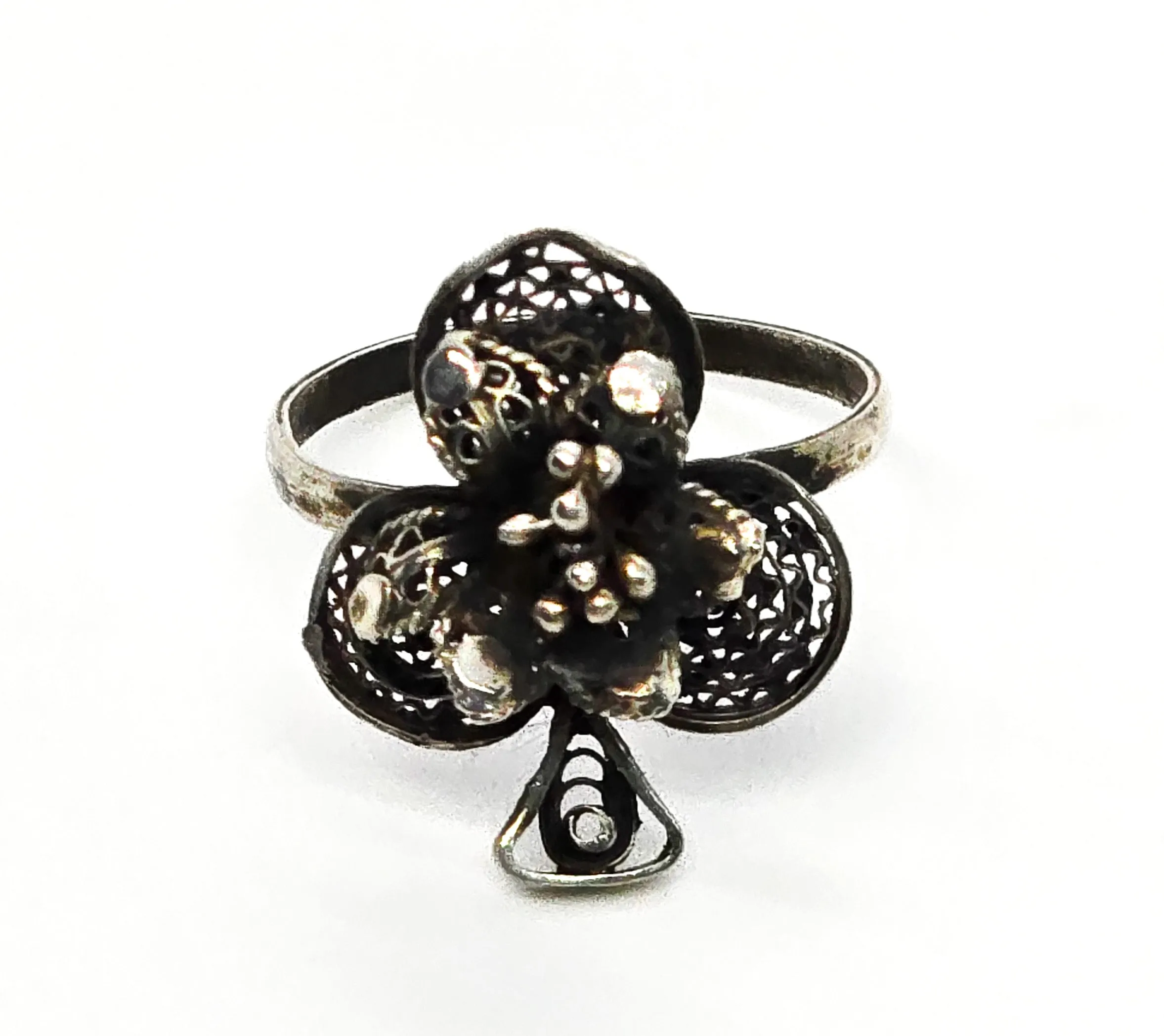 Spun Silver 3 leaf clover vintage sterling silver 3D ring size 5