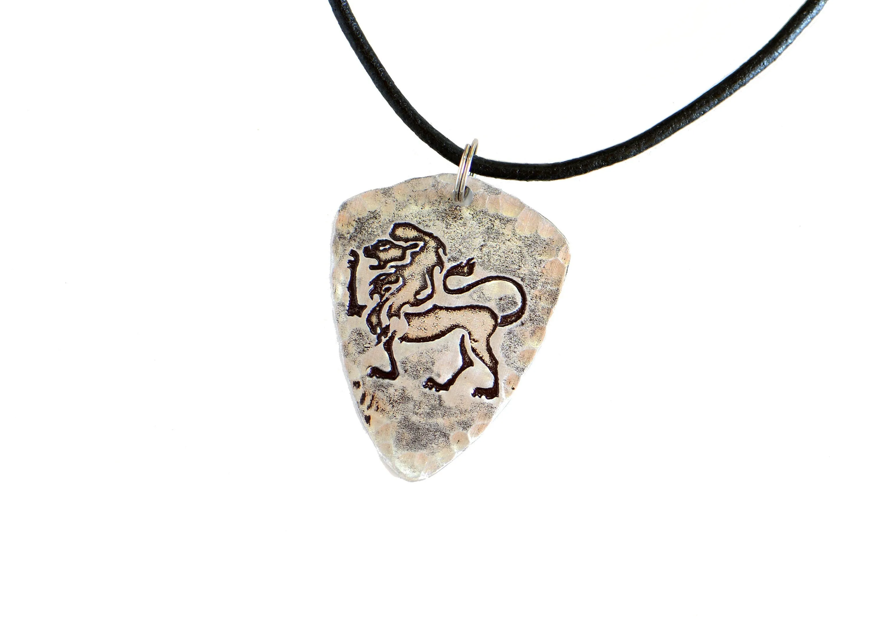 Sterling silver Leo Zodiac shield shaped necklace with rustic finish