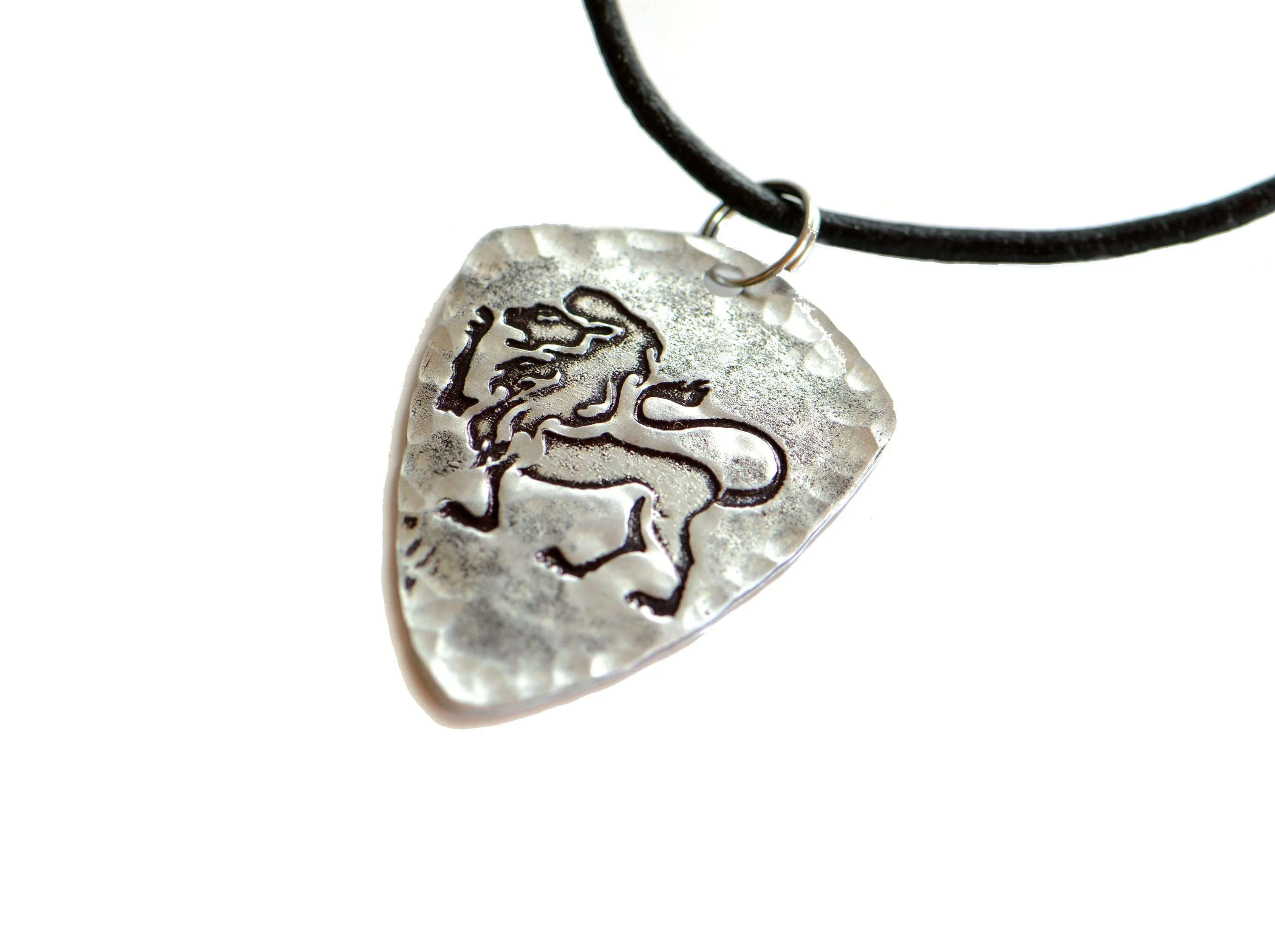 Sterling silver Leo Zodiac shield shaped necklace with rustic finish
