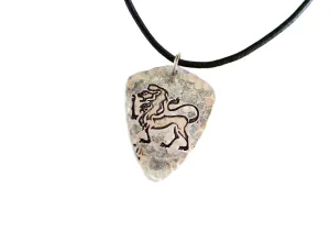 Sterling silver Leo Zodiac shield shaped necklace with rustic finish