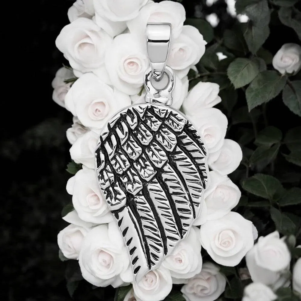 Sterling Silver Polished Enameled Angel Wing Ash Holder Pendant - Memorial Keepsake Jewelry