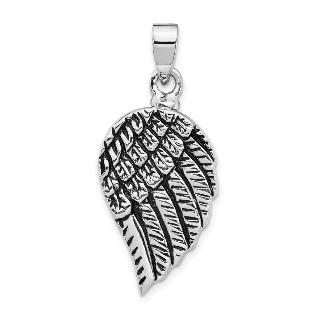 Sterling Silver Polished Enameled Angel Wing Ash Holder Pendant - Memorial Keepsake Jewelry