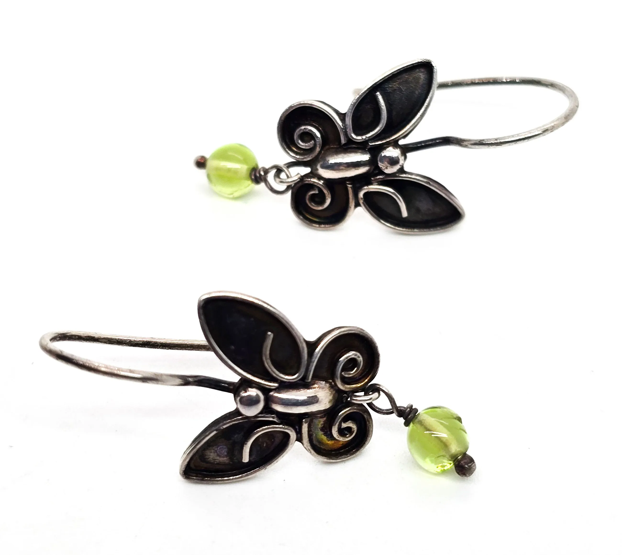 Sue B butterfly drop green tourmaline sterling silver hook signed vintage earrings