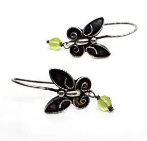 Sue B butterfly drop green tourmaline sterling silver hook signed vintage earrings