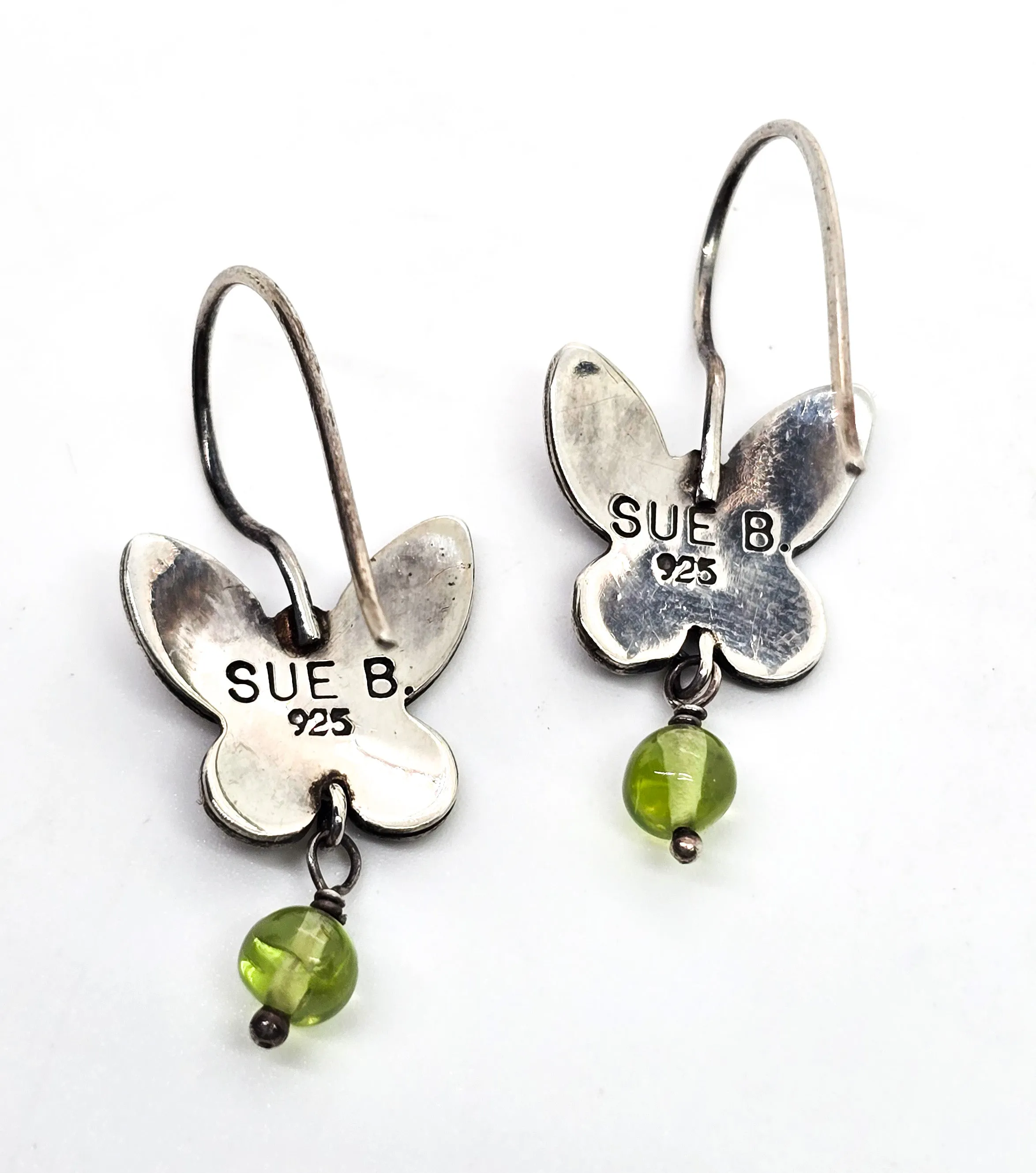 Sue B butterfly drop green tourmaline sterling silver hook signed vintage earrings