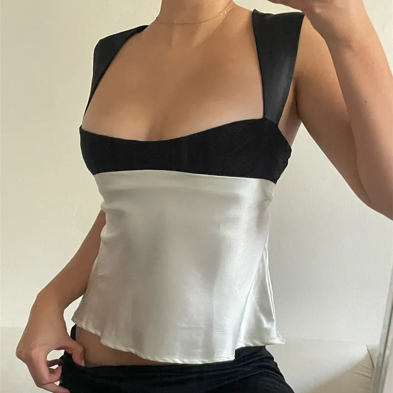 Summer Fashion Hit Color French Style Spaghetti Strap Satin Top Sexy Low-cut Crop Top Women  C240507-2