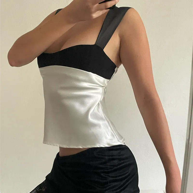 Summer Fashion Hit Color French Style Spaghetti Strap Satin Top Sexy Low-cut Crop Top Women  C240507-2