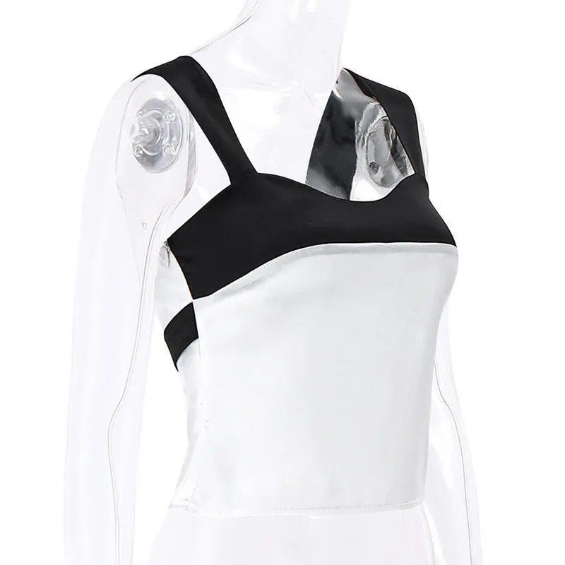 Summer Fashion Hit Color French Style Spaghetti Strap Satin Top Sexy Low-cut Crop Top Women  C240507-2