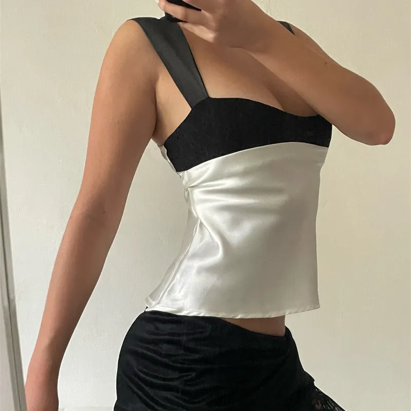 Summer Fashion Hit Color French Style Spaghetti Strap Satin Top Sexy Low-cut Crop Top Women  C240507-2