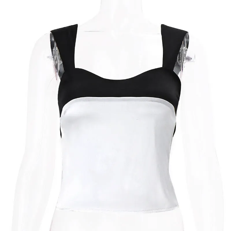Summer Fashion Hit Color French Style Spaghetti Strap Satin Top Sexy Low-cut Crop Top Women  C240507-2