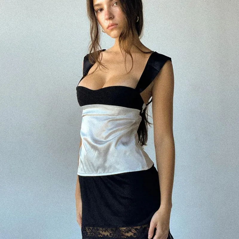 Summer Fashion Hit Color French Style Spaghetti Strap Satin Top Sexy Low-cut Crop Top Women  C240507-2