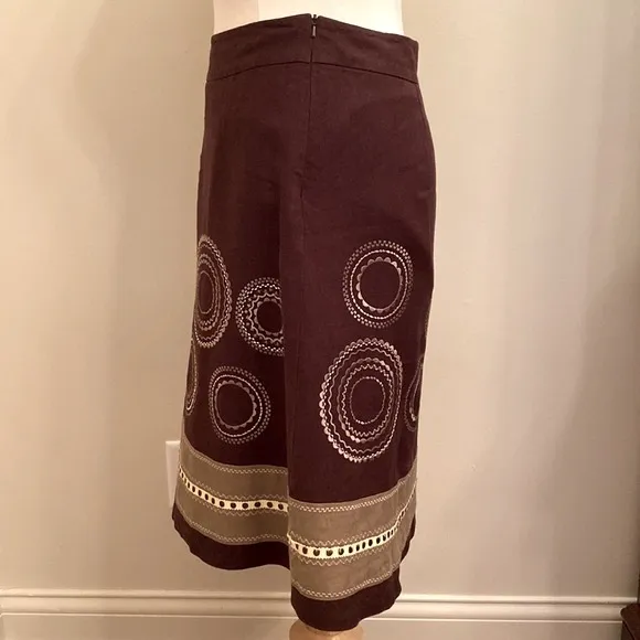 Talbots Brown Circle Embroidered 100% Linen Lined Casual MIDI Skirt Size 6