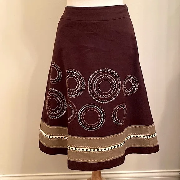 Talbots Brown Circle Embroidered 100% Linen Lined Casual MIDI Skirt Size 6