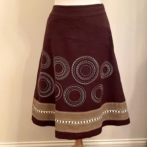 Talbots Brown Circle Embroidered 100% Linen Lined Casual MIDI Skirt Size 6