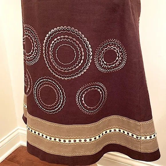 Talbots Brown Circle Embroidered 100% Linen Lined Casual MIDI Skirt Size 6