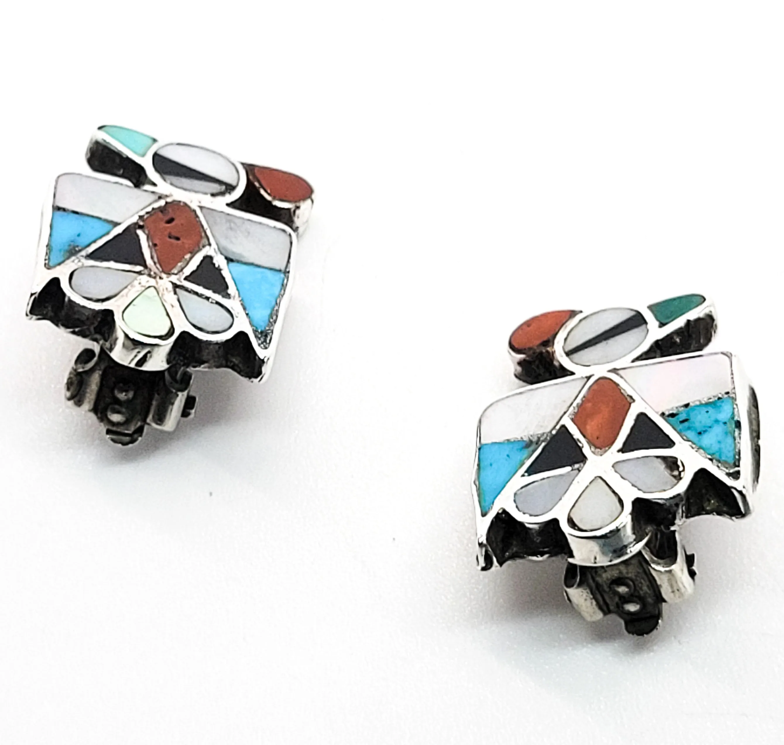 Thunderbird Zuni Native American NA sterling silver inlay vintage clip on earrings