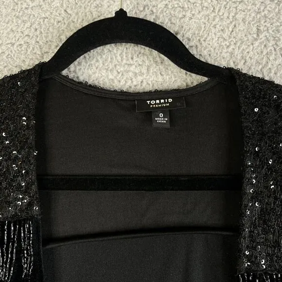 Torrid Cardigan Sweater Womens 0 Black L Open Front Sequins Beaded Fringe Velvet