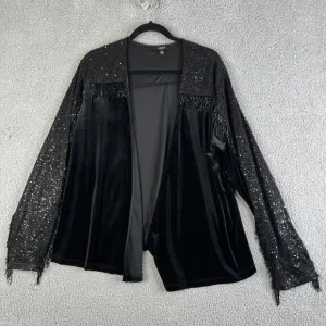 Torrid Cardigan Sweater Womens 0 Black L Open Front Sequins Beaded Fringe Velvet