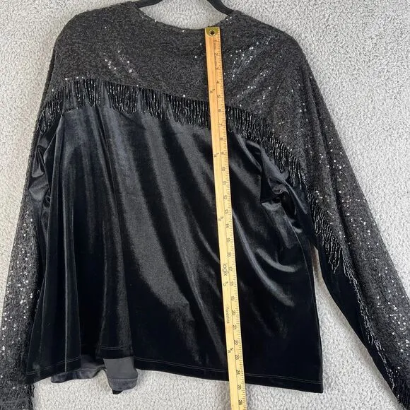 Torrid Cardigan Sweater Womens 0 Black L Open Front Sequins Beaded Fringe Velvet