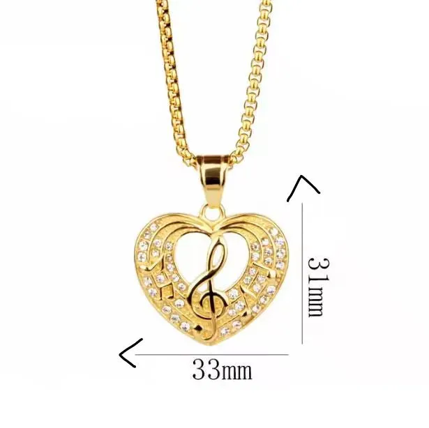 Trendy 18k Gold Plated 24" Stainless Steel Musical Note Heart Pendant Jewelry with Necklace