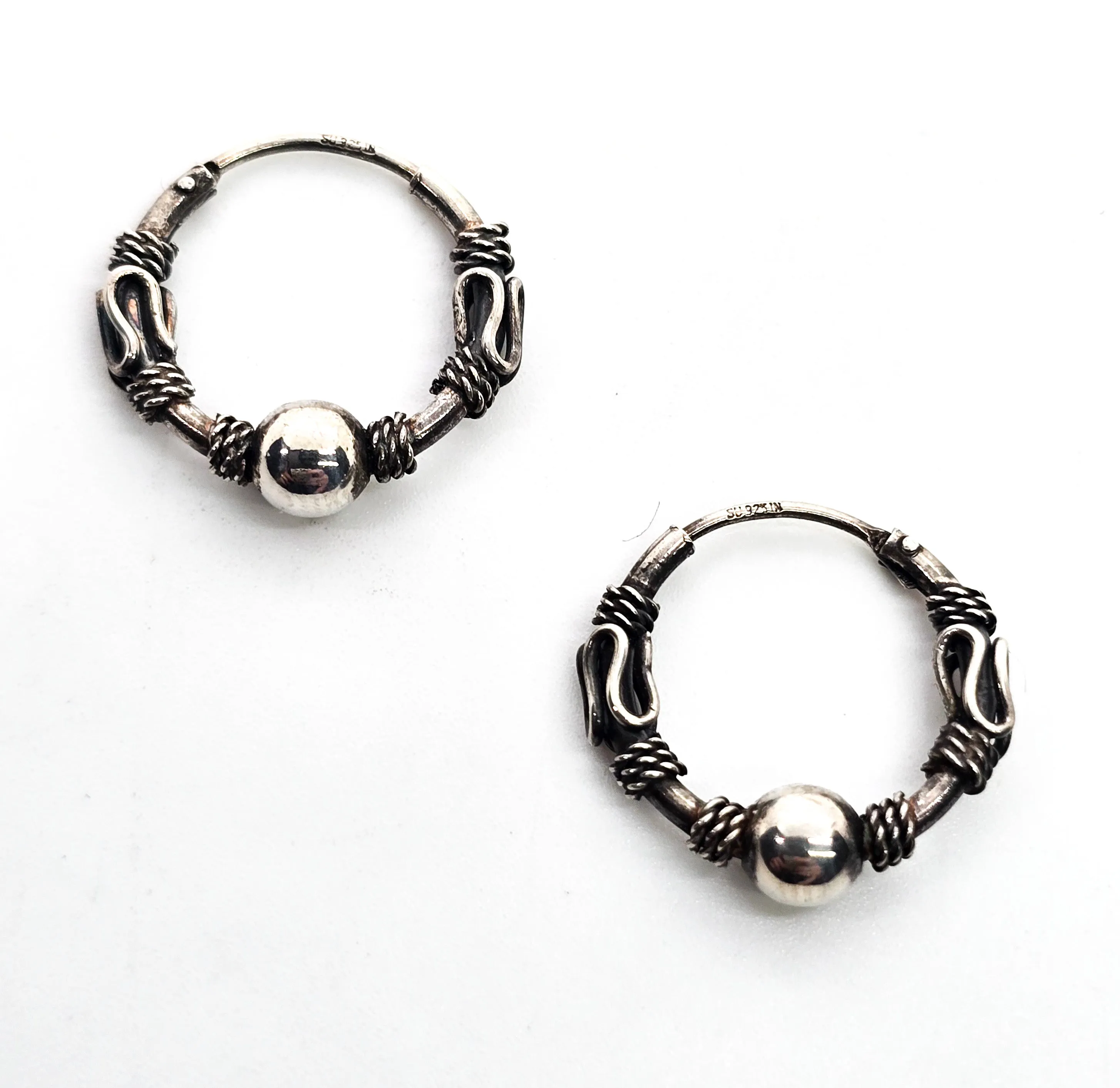 Tribal Balinese beaded ball sterling silver internal thread SU IN vintage hoop earrings