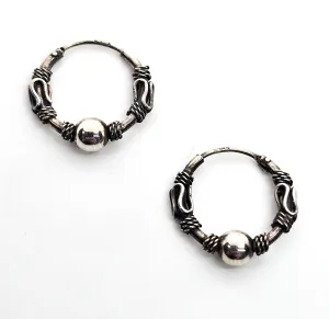 Tribal Balinese beaded ball sterling silver internal thread SU IN vintage hoop earrings