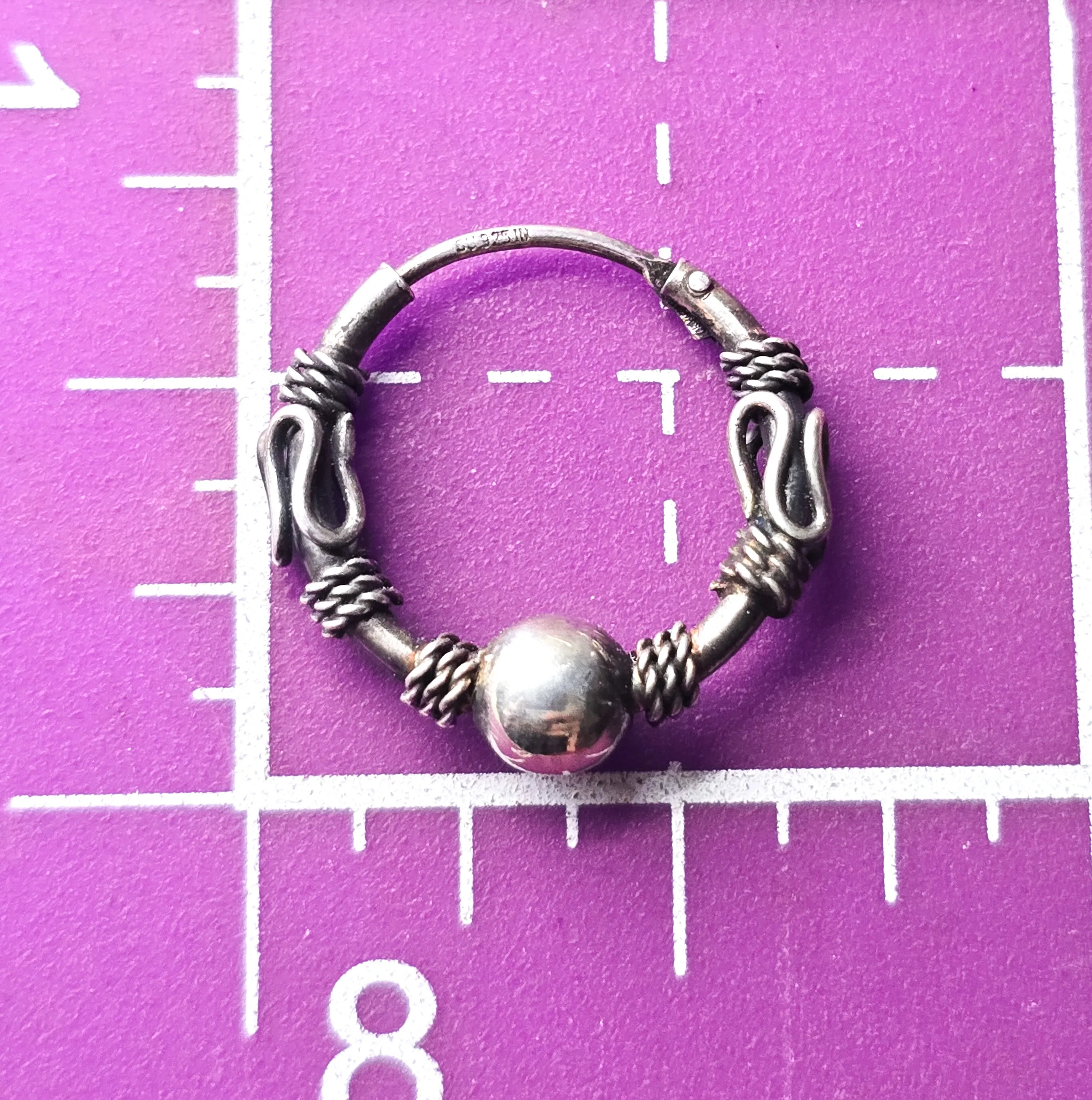 Tribal Balinese beaded ball sterling silver internal thread SU IN vintage hoop earrings