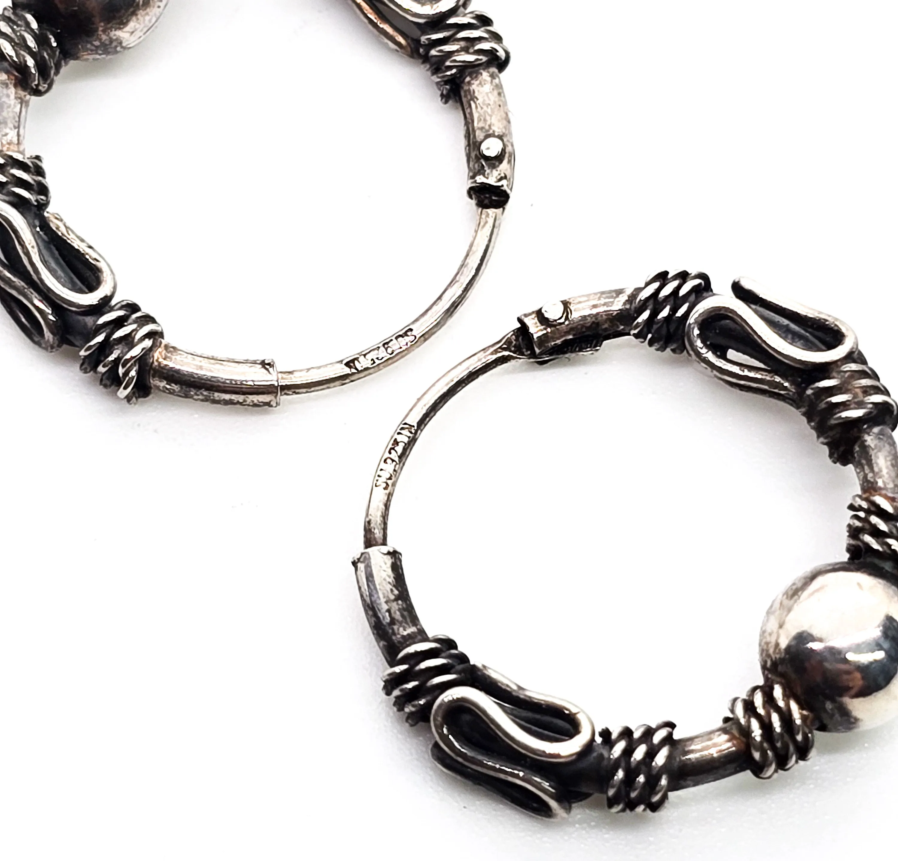 Tribal Balinese beaded ball sterling silver internal thread SU IN vintage hoop earrings