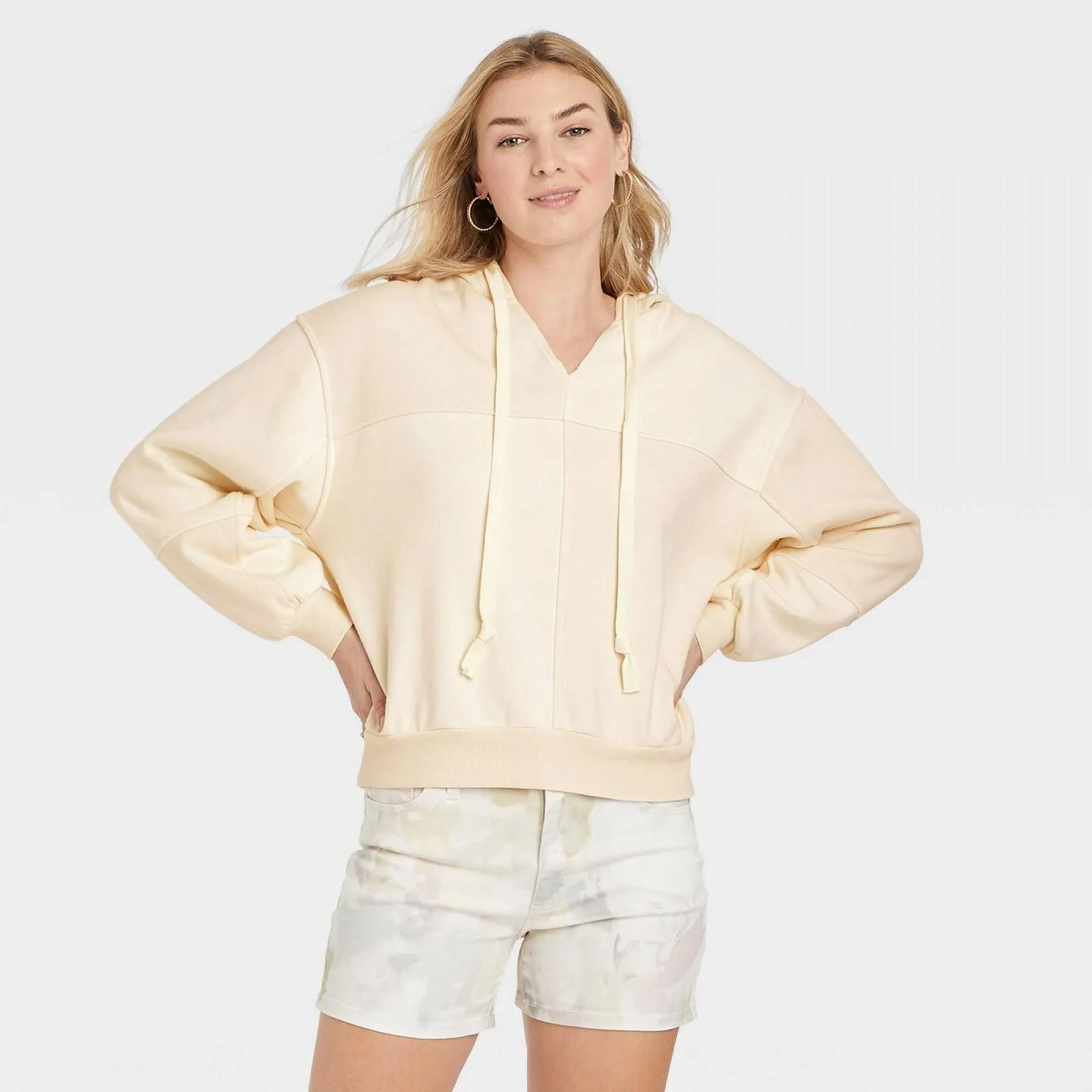 Universal Thread Women's Patchwork Hooded Sweatshirt Off-White L