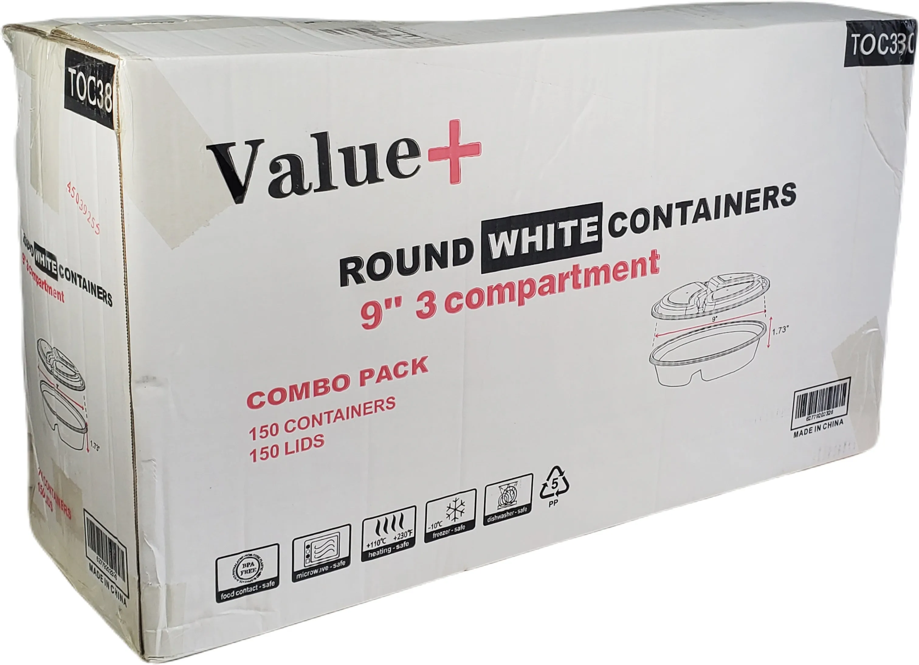 Value  - 9" 3 Comptartment Round White Plastic Container