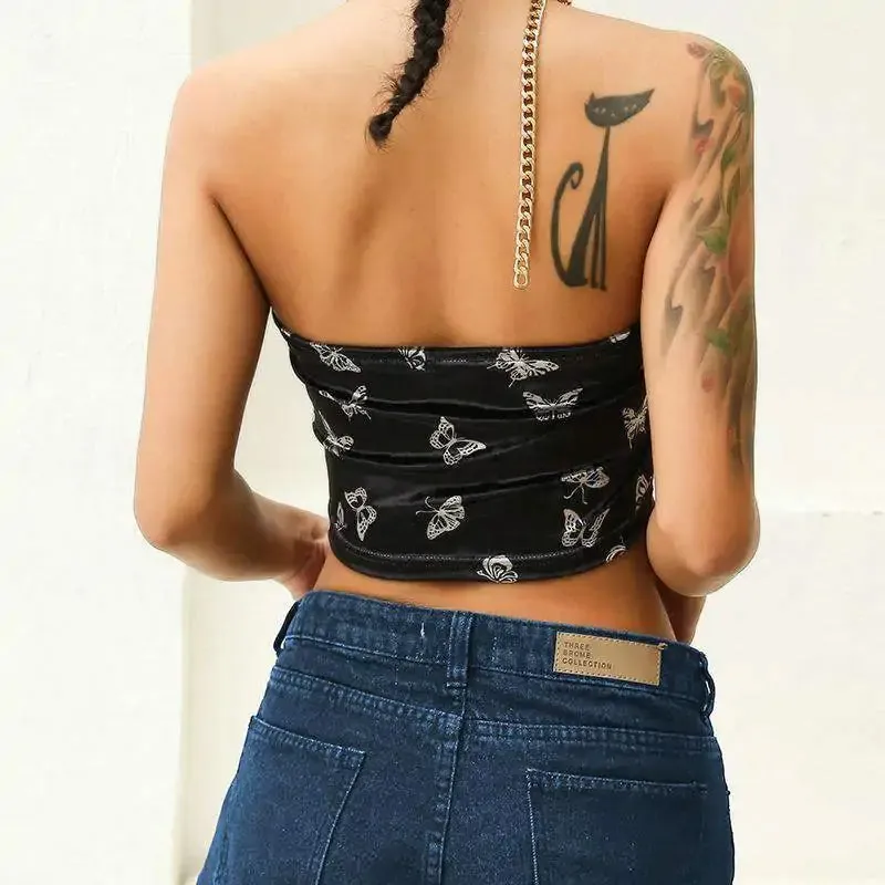 Velvet Triangle Crop Top With Adjustable Chain Strap