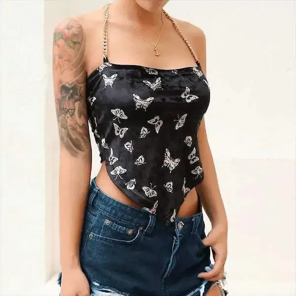 Velvet Triangle Crop Top With Adjustable Chain Strap
